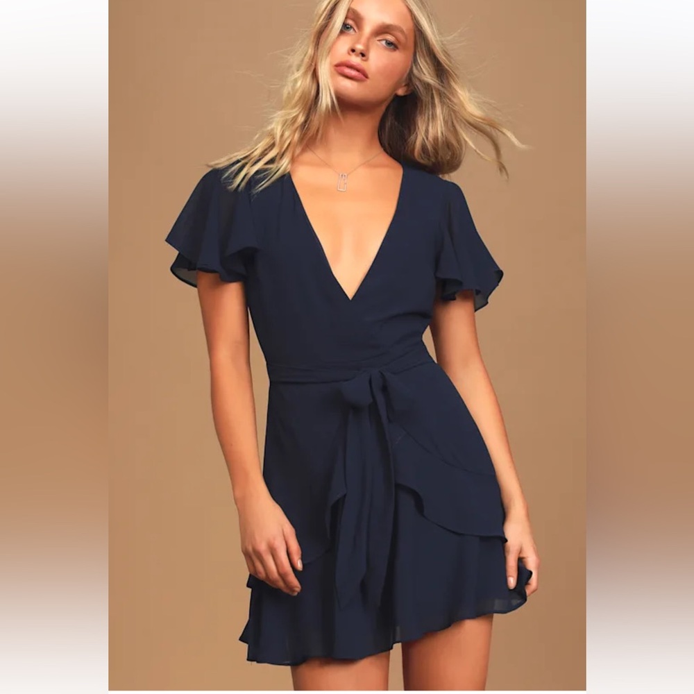 Lulu's Deep V Navy Ruffle Tie-Waist Mini Dress - Picture 5 of 11